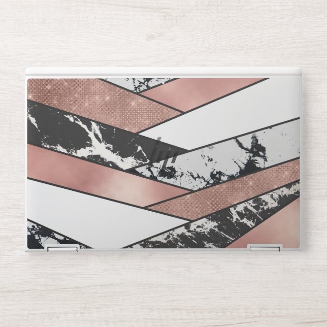 Modern Rose Gold Black Glitter Marble Geometric HP Laptop Skin (Front)