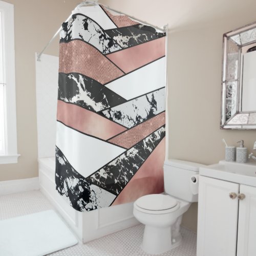 Modern Rose Gold Black Glitter Marble Geometric Shower Curtain