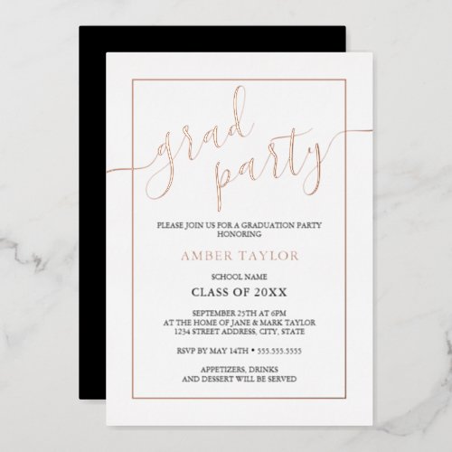 Modern Rose Gold Black Graduation Party  Foil Invitation