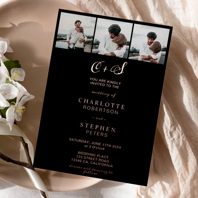 Modern rose gold black initials 4 photos wedding foil invitation (Creator Uploaded)