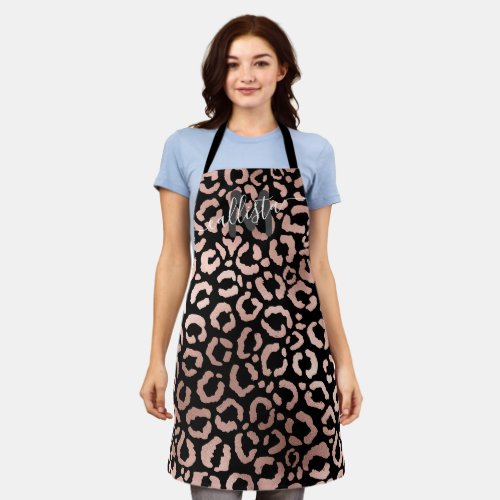 Modern Rose Gold Black Leopard Cheetah Monogram Apron