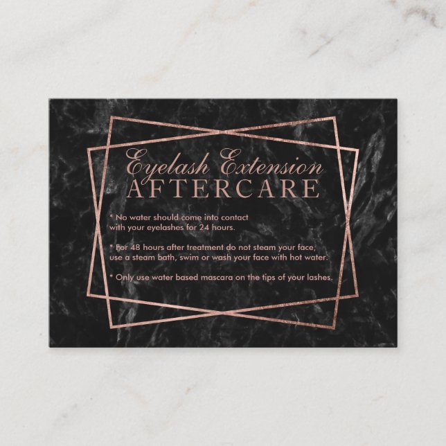Modern rose gold black marble eyelash aftercare business card (Front)