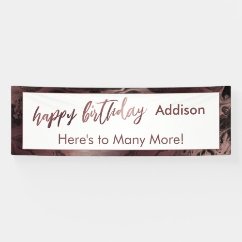 Modern Rose Gold  Black Marble Happy Birthday Banner