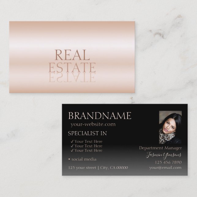 Modern Rose Gold Black Mirror Letters with Photo Business Card (Front/Back)