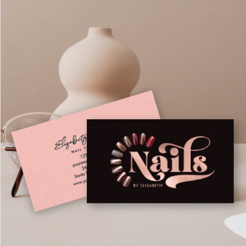 Modern Rose Gold  Black Nail Technician Business Card