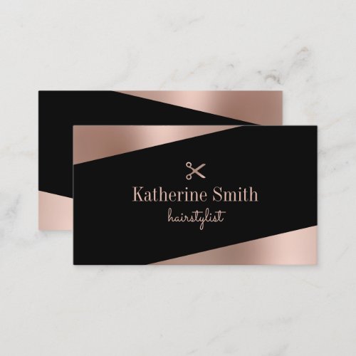 Modern rose gold  black scissors hairstylist business card