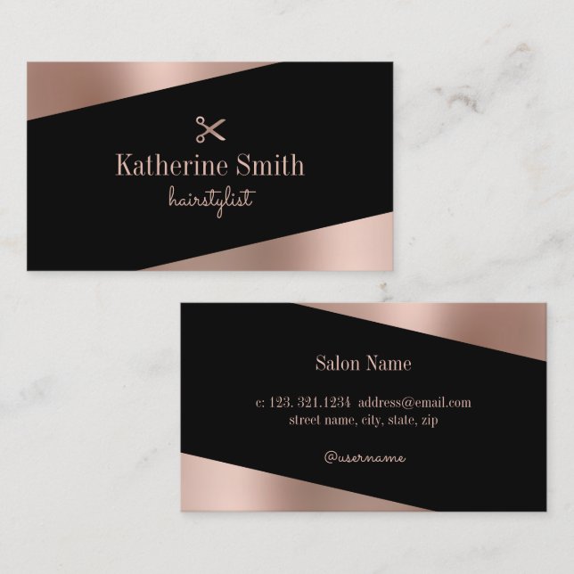 Modern rose gold & black scissors hairstylist business card (Front/Back)