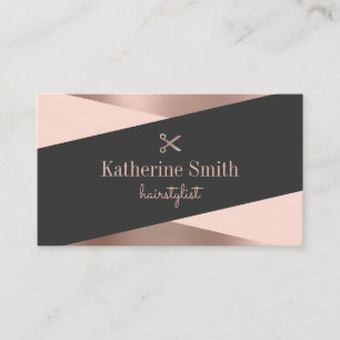 Modern rose gold & black scissors hairstylist business card