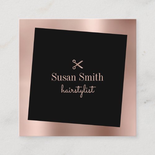 Modern rose gold  black scissors hairstylist square business card