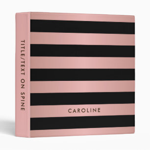Modern Rose Gold Black Striped Girly Custom 3 Ring Binder