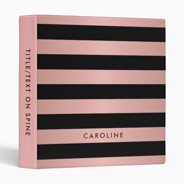 Modern Rose Gold Black Striped Girly Custom 3 Ring Binder (Front/Spine)