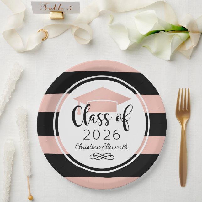 Modern Rose Gold Black Stripes Custom Graduation Paper Plates (Wedding)