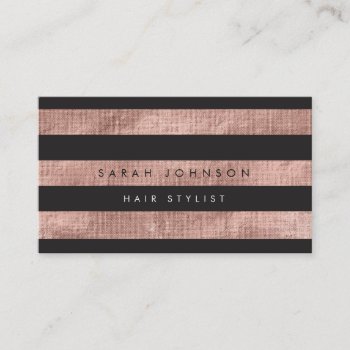 Modern Rose Gold Black Stripes Hair Stylist Business Card by Pip_Gerard at Zazzle