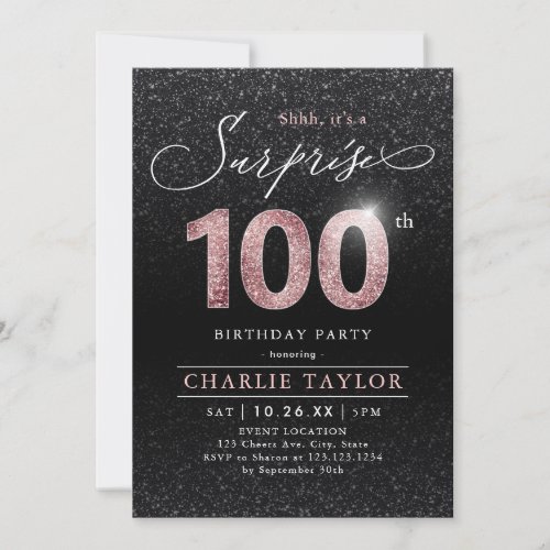 Modern rose gold black surprise 100th birthday invitation