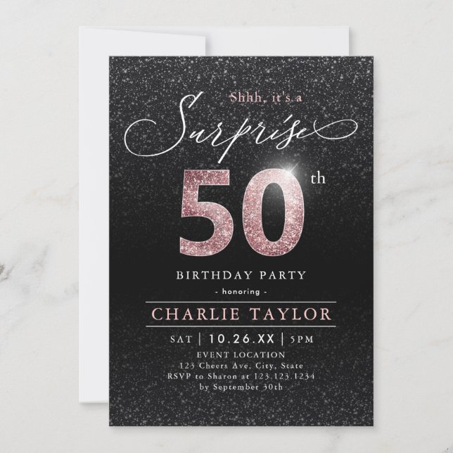 Modern rose gold black surprise 50th birthday invitation (Front)