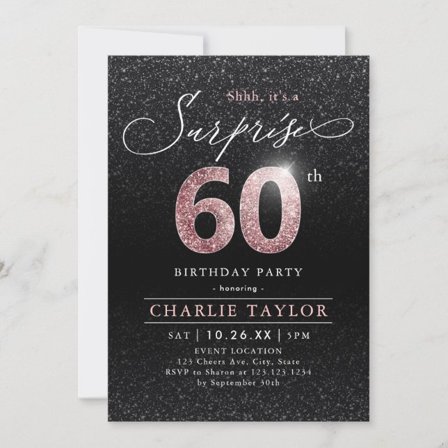 Modern rose gold black surprise 60th birthday invitation (Front)