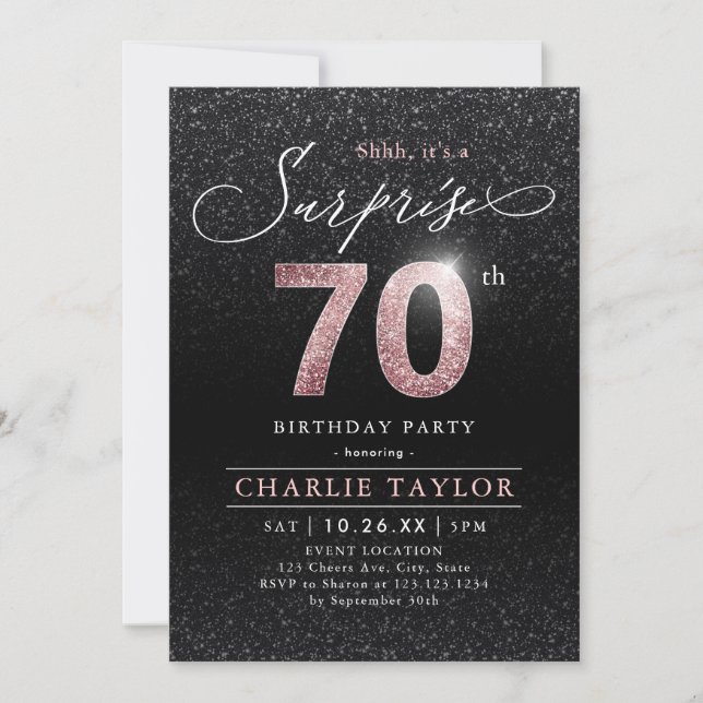 Modern rose gold black surprise 70th birthday invitation (Front)