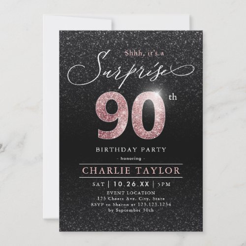 Modern rose gold black surprise 90th birthday invitation