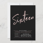 Modern Rose Gold & Black Sweet 16th Birthday Party Invitation<br><div class="desc">Celebrate your special day with this simple stylish 16th birthday party invitation. This design features a chic brush script "Sixteen" with a clean layout in black & rose gold color combo. More teen birthday invitations and party supplies are available at my shop BaraBomDesign.</div>