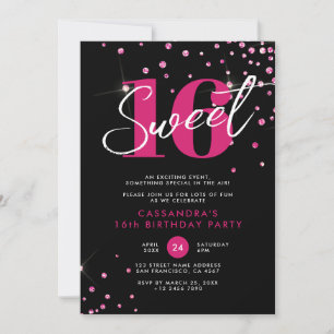 Modern Rose Gold & Black Sweet Sixteen Birthday Invitation