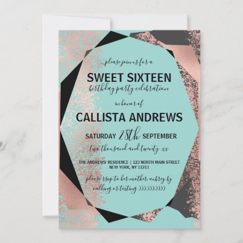 Modern Rose Gold Black Teal Geometric Sweet 16 Invitation