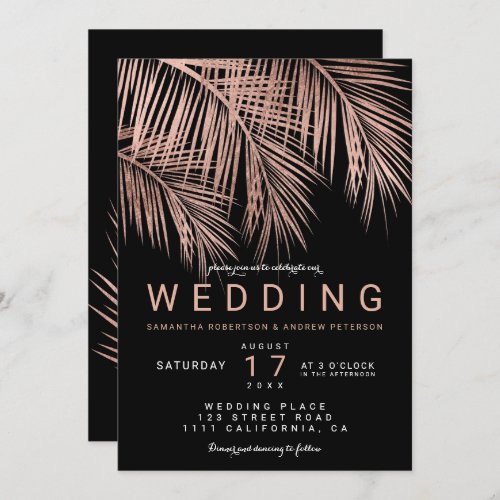Modern rose gold black tropical palm tree wedding invitation