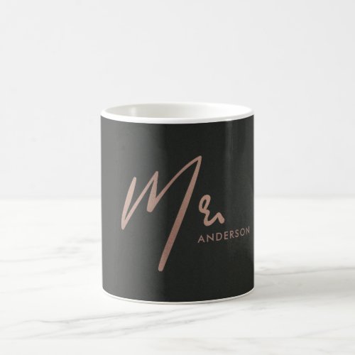 MODERN ROSE GOLD BLACK TYPOGRAPHY MR LAST NAME COFFEE MUG