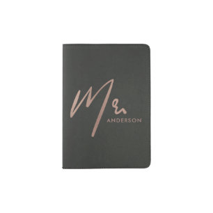 MODERN ROSE GOLD BLACK TYPOGRAPHY MR LAST NAME PASSPORT HOLDER