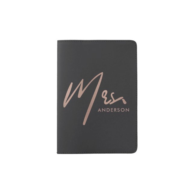 MODERN ROSE GOLD BLACK TYPOGRAPHY MRS LAST NAME PASSPORT HOLDER (Front)
