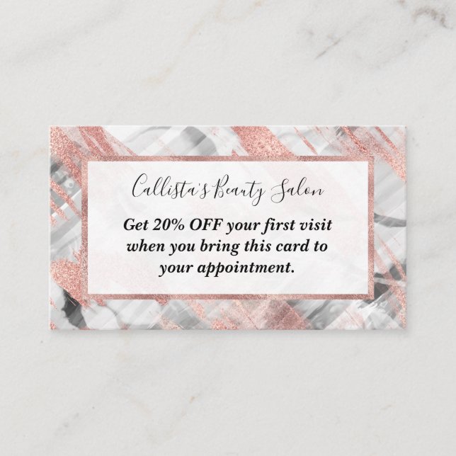 Modern Rose Gold Black White Brushstrokes Discount Card (Front)