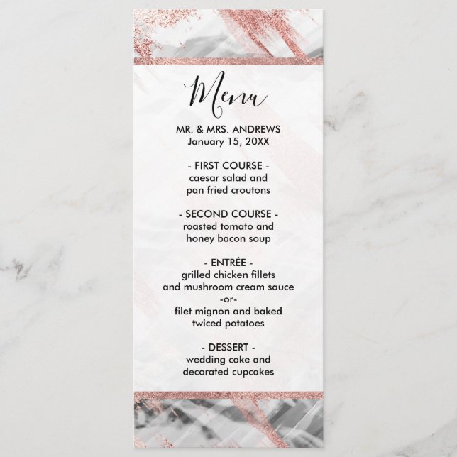 Modern Rose Gold Black White Brushstrokes Menu (Front)