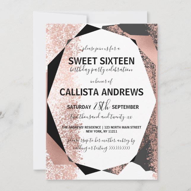 Modern Rose Gold Black White Geometric Sweet 16 Invitation (Front)