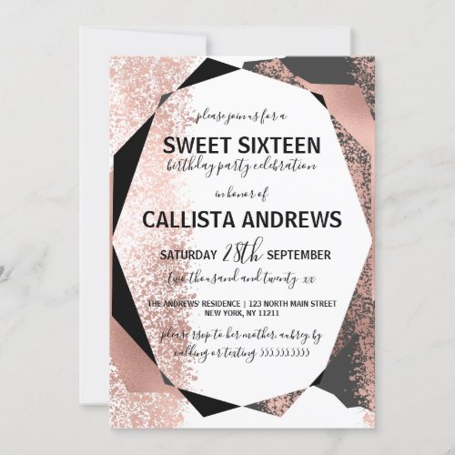 Modern Rose Gold Black White Geometric Sweet 16 Invitation