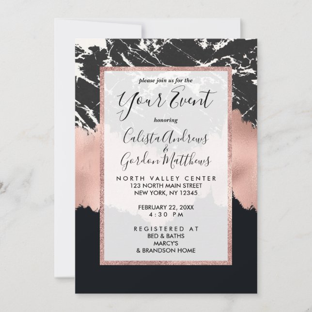 Modern Rose Gold Black White Marble Brushstrokes Invitation (Front)