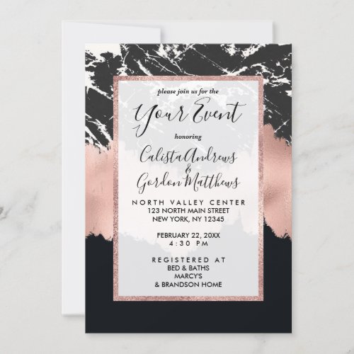 Modern Rose Gold Black White Marble Brushstrokes Invitation