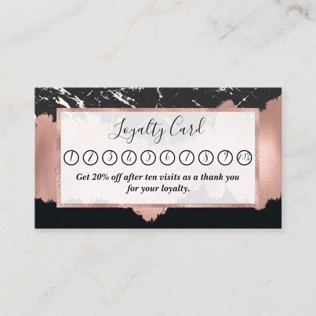 Modern Rose Gold Black White Marble Brushstrokes Loyalty Card (Front)