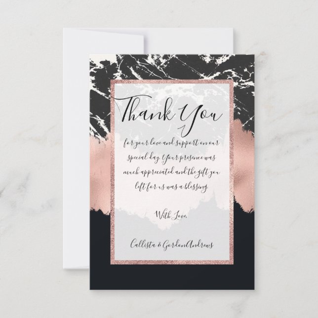 Modern Rose Gold Black White Marble Brushstrokes Thank You Card (Front)