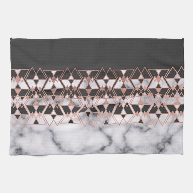 Modern Rose Gold Black White Marble Geometric Kitchen Towel (Horizontal)