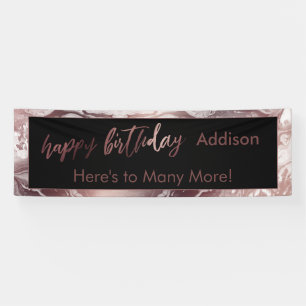 Modern Rose Gold Black White Marble Happy Birthday Banner