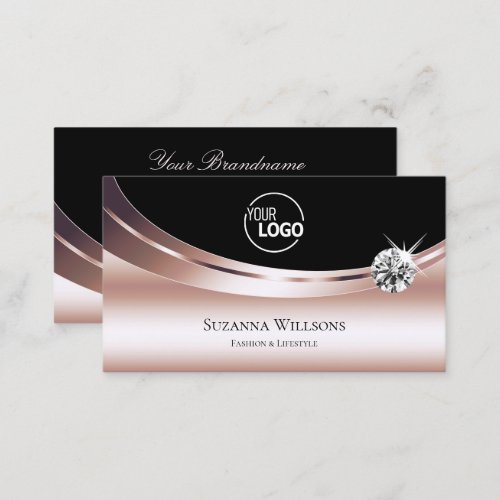 Modern Rose Gold Black with Logo Sparkly Diamond Business Card