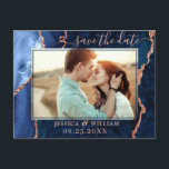Modern Rose Gold Blue Agate PHOTO Save the Date Announcement Postcard<br><div class="desc">Modern Gold Blue Agate PHOTO Save the Date Announcement Postcard.</div>
