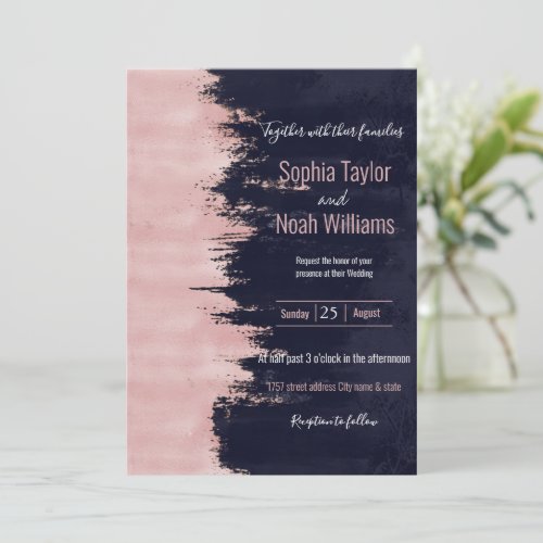 Modern Rose Gold Blue Brushstrokes Abstract Paint