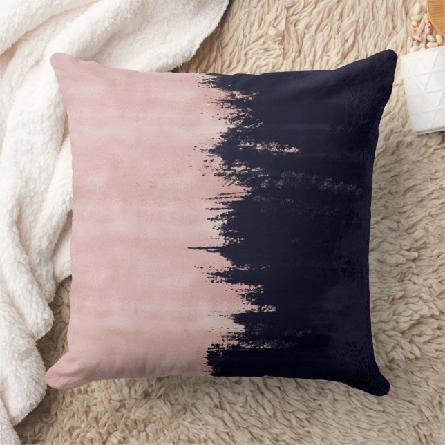 Modern Rose Gold Blue Brushstrokes Abstract Paint Throw Pillow (Blanket)