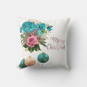 Modern rose gold & blue floral Merry Christmas Throw Pillow
