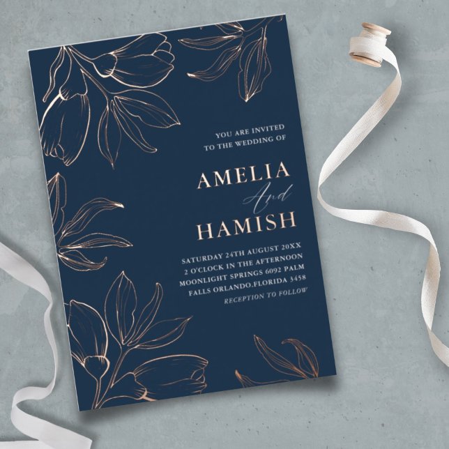 Modern Rose Gold & Blue Floral Wedding  Foil Invitation (Creator Uploaded)