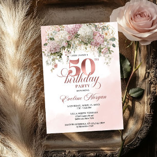 Modern Rose Gold Blush Flowers 50th Birthday Invitation
