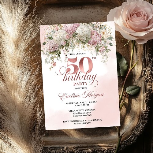 Modern Rose Gold Blush Flowers 50th Birthday  