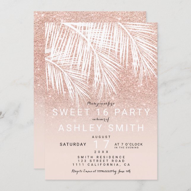 Modern rose gold blush palm tree elegant Sweet 16 Invitation (Front/Back)