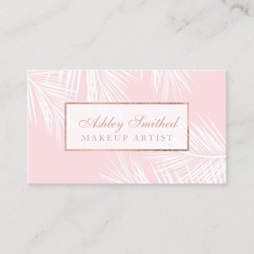 Modern rose gold blush pink plam tree leaf makeup business card