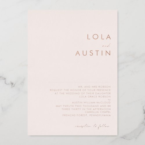 Modern  Rose Gold Blush Traditional Wedding Real  Foil Invitation